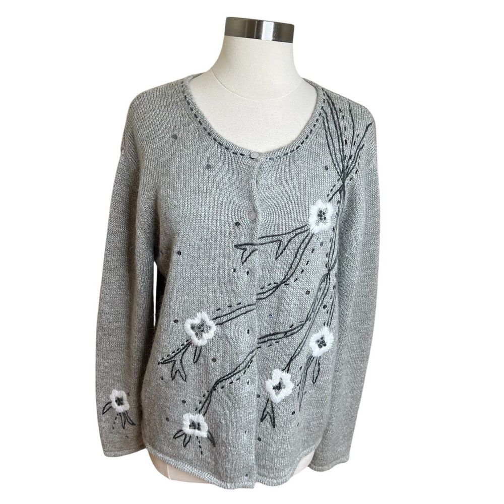 Vtg Mohair Blend Floral Embroidered Cardigan L Gray Coquette Grandma Core